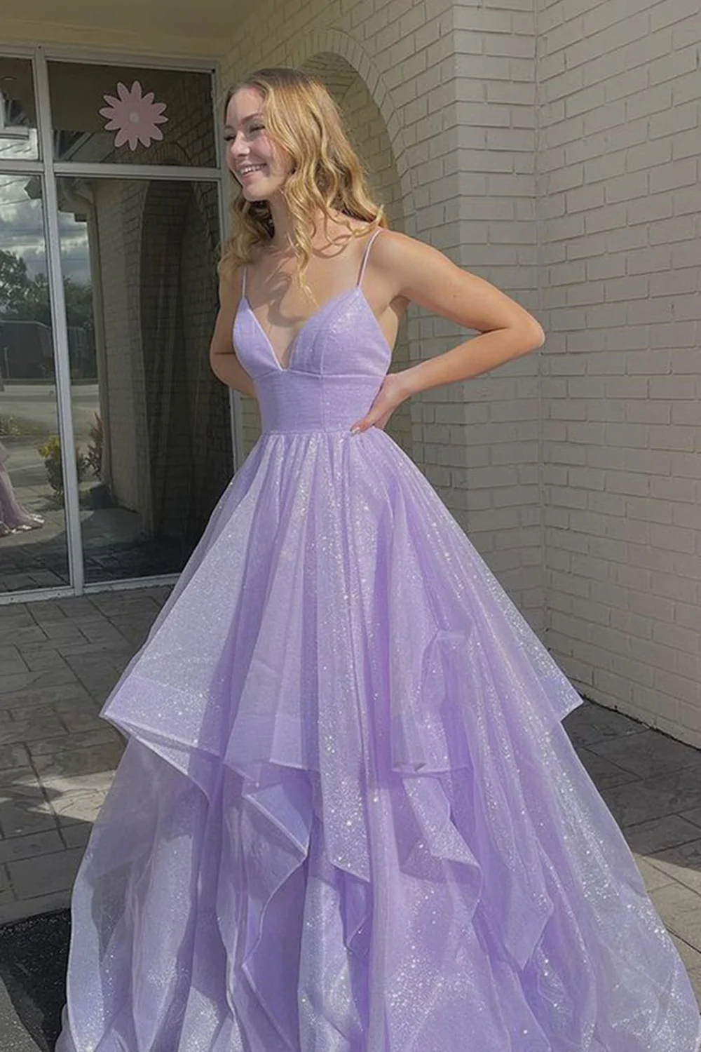 Shiny Sequins V Neck Purple Long Prom Dress Fluffy Purple Formal Evening Dress Sparkly Purple Ball Gown  nv129