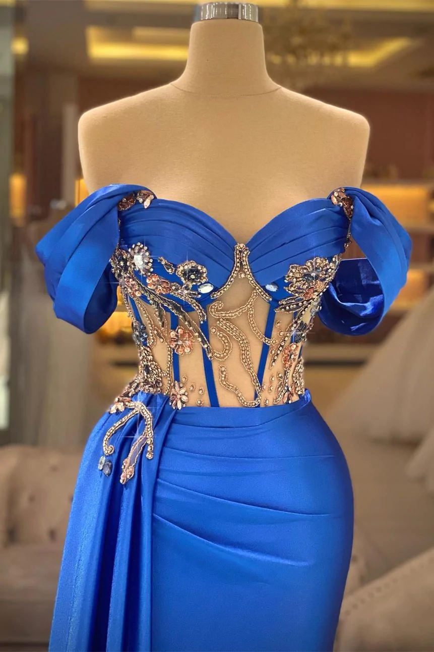 Elegant Blue Off-the-shoulder Sleeveless Beading Prom Dress With Slit nv507