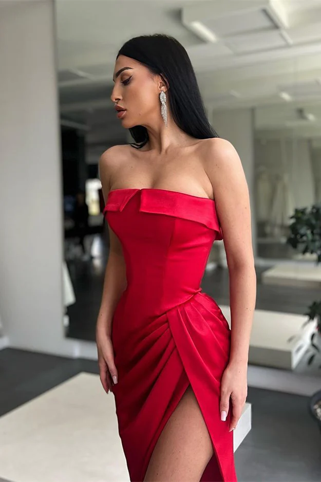 RED STRAPLESS LONG PROM DRESS MERMAID WITH SLIT nv379