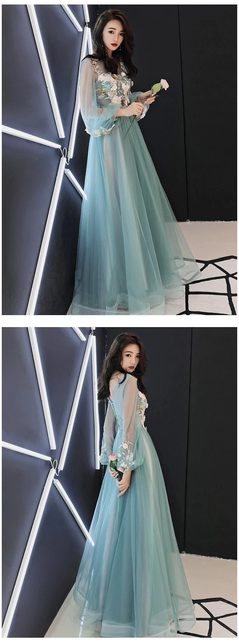 Light Green Tulle Long Party Dress With Flowers, Long Formal Dresses nv455