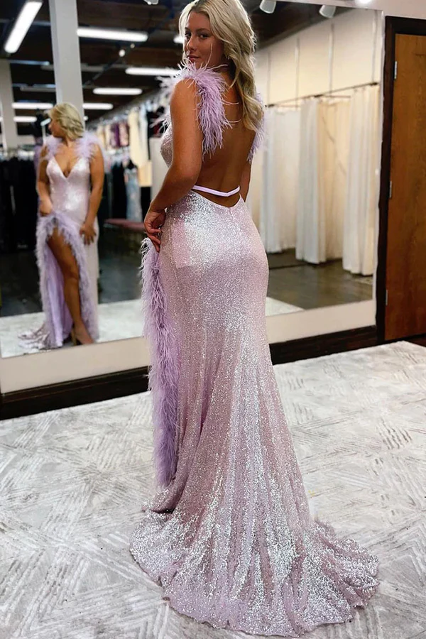 Chic Lilac V Neck Sleeveless Mermaid Long Prom Dress With Slit, Formal Gown nv224