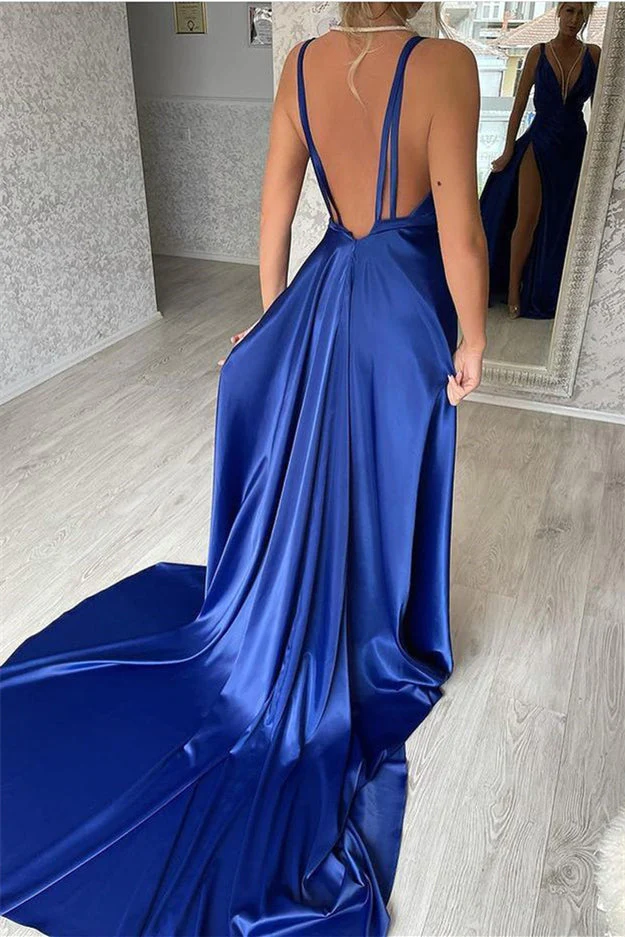 Classic Royal Blue Deep V Neck Slit Prom Dresses Mermaid Long Evening Gowns nv511