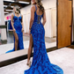 Cute Mermaid Sweetheart Royal Blue Sequins Long Prom Dresses with Lace nv461