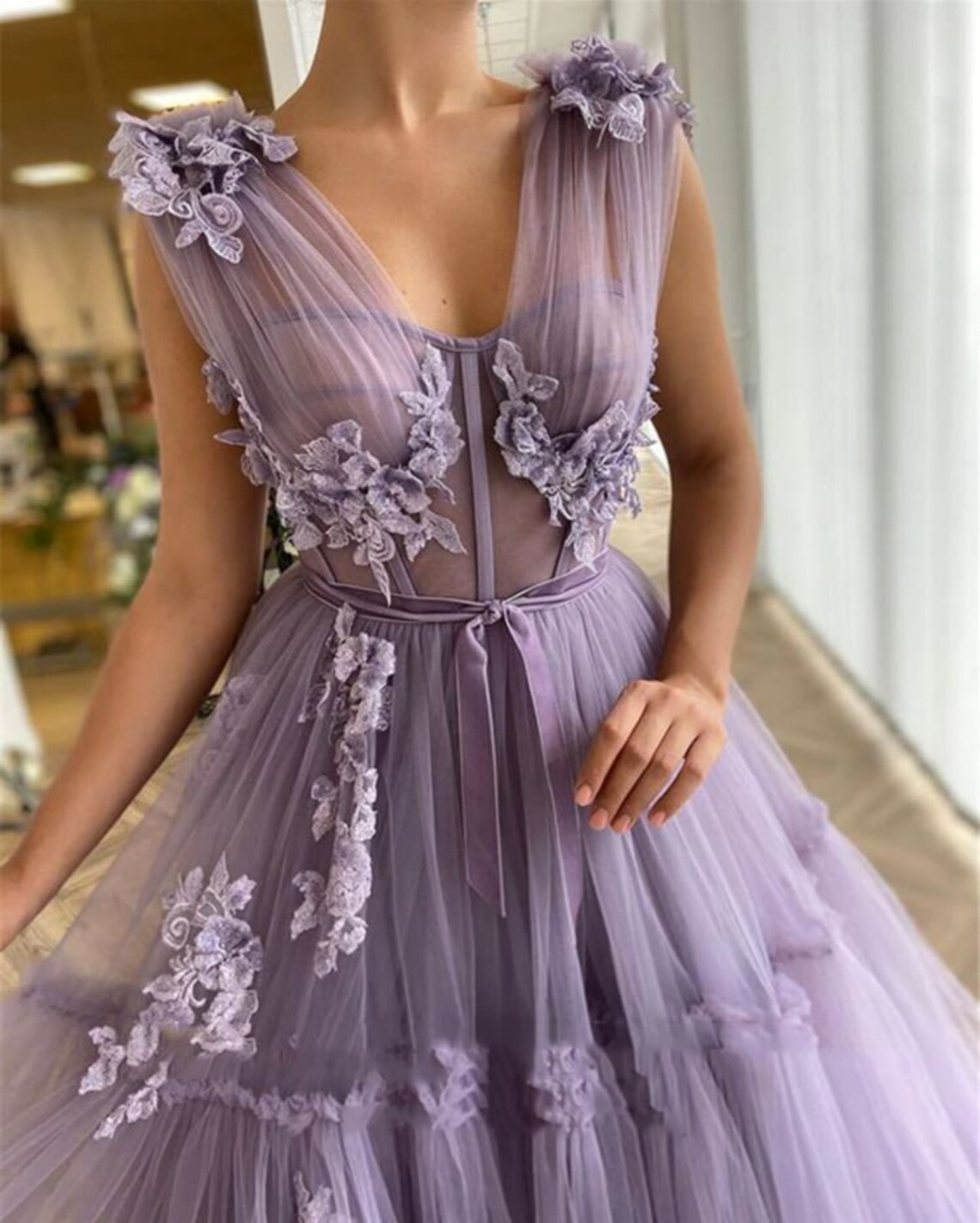 Stunning Lavender Tulle Ruffled Gown, Long Tulle Prom Dress, Tutu Maxi Dress, Bridesmaid Dress, Ball Gown, Corset tulle dress  nv213