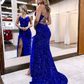 Sparkly Mermaid V Neck Royal Blue Sequins Long Prom Dresses with Slit nv465