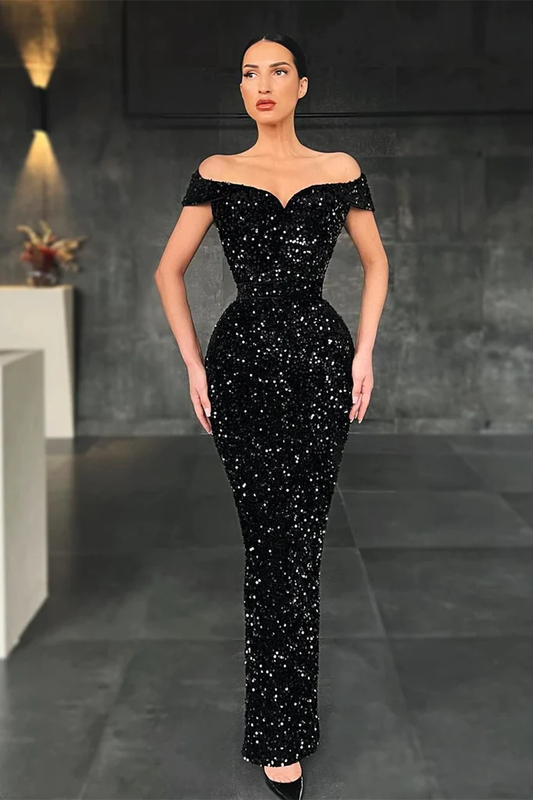 Elegantes, schwarzes, funkelndes, schulterfreies Meerjungfrau-Ballkleid mit Pailletten, bodenlanges Partykleid, Abendkleid nv325