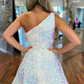 White Iridescent Sequin One Shoulder A Line Short Hoco Homecoming Dress nv237