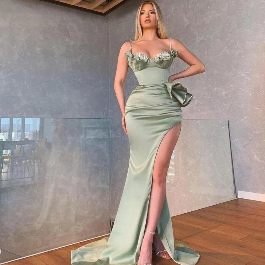 Elegant Dusty Sage Spaghetti Straps Mermaid Prom Dress With Slit  nv374