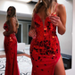 Red Cut Glass Mirror Lace-Up Long Prom Gown with Slit nv238