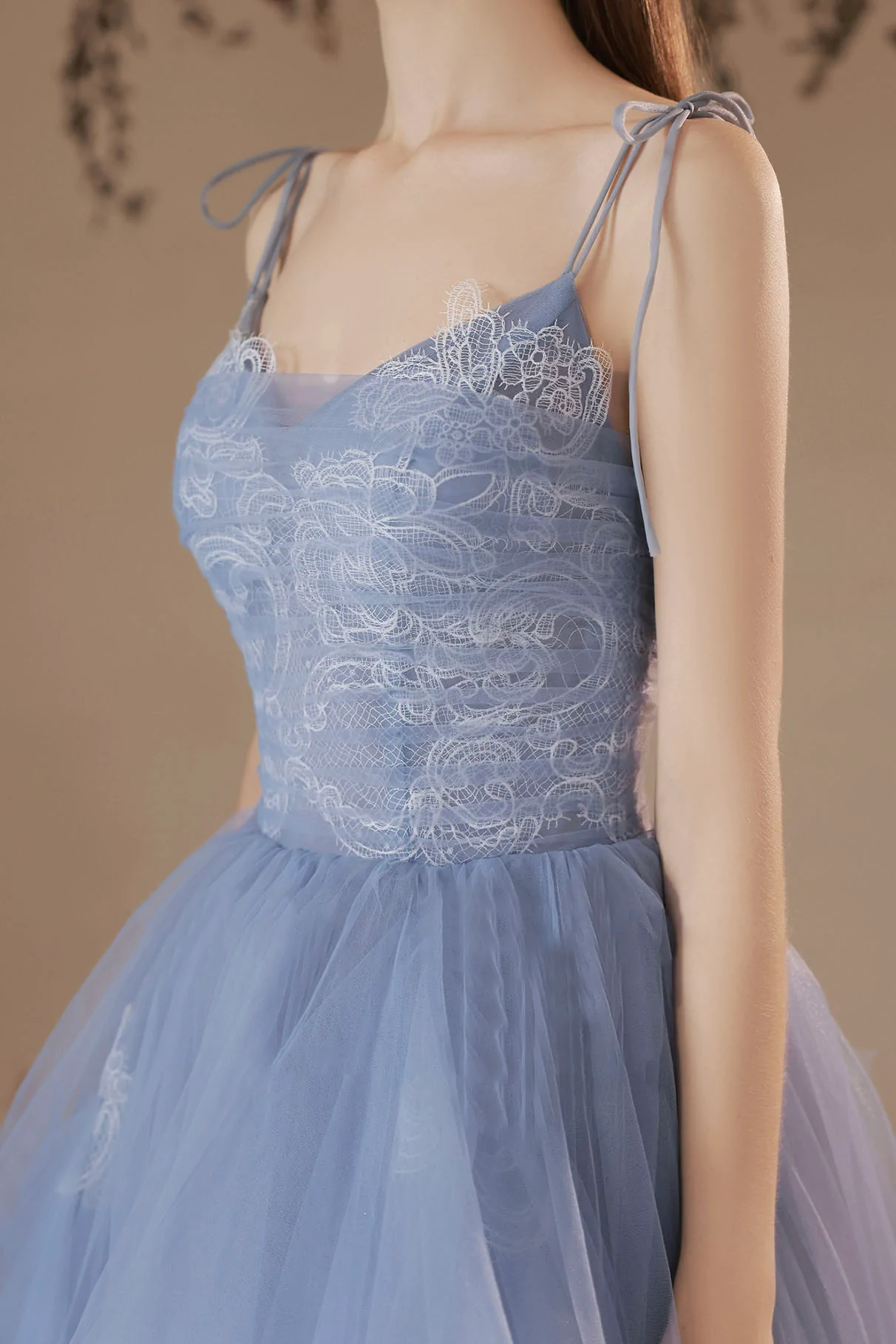 Blue V-Neck Tulle Lace Long Prom Dress, Lovely Spaghetti Straps Evening Dress nv429