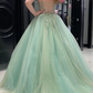 Sweetheart Neck Mint Green Tulle Lace Applique Long Prom Dresses, Mint Green Tulle Lace Floral Formal Evening Dresses, Ball Gown nv432