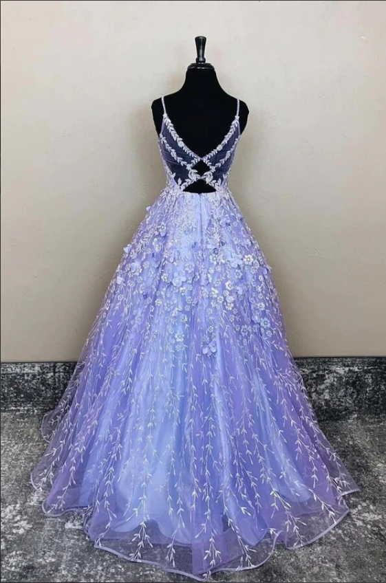 Purple Tulle A-line Long Prom Dresses, Evening Dresses With Lace Appliques nv816