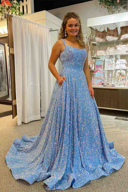 Robe de bal à bretelles et col carré en paillettes avec poches nv262