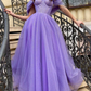 Purple off shoulder tulle long prom dress, A line tulle formal dress nv443