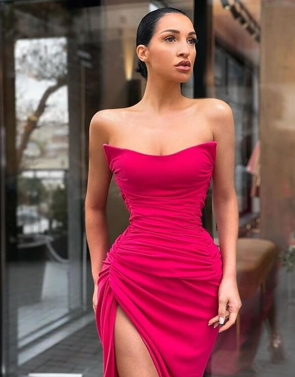 Mermaid Strapless Hot Pink Prom Dresses with Slit nv380