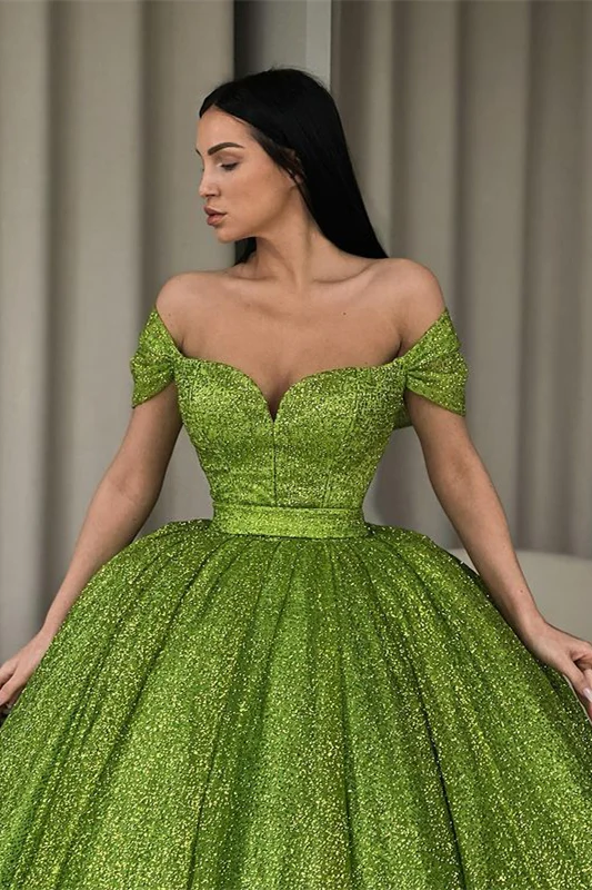 Elegant Off-the-Shoulder Green A-line Sequined Prom Dress nv323