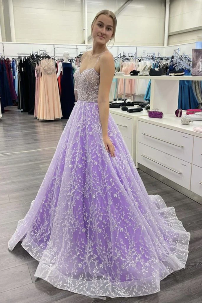 Gorgeous Purple Lace Beaded Long Prom Dress Sweetheart Ball Gown nv814