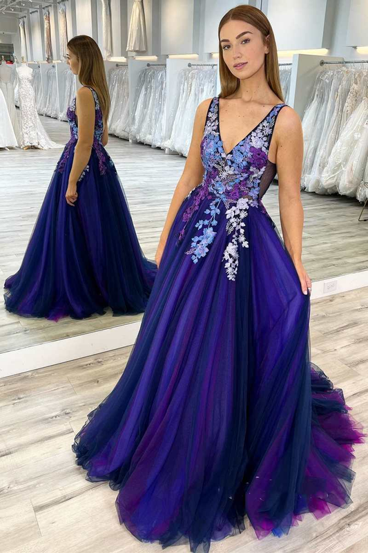 Ombre Purple Floral Lace Backless Long Prom Dress nv564