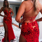 Red Cut Glass Mirror Lace-Up Long Prom Gown with Slit nv939