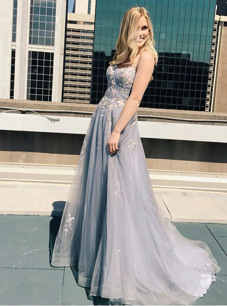 A Line Spaghetti Straps Grey Tulle Prom Dresses nv210
