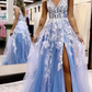 Shiny V Neck Blue Tulle White Lace Floral Long Prom Dresses with High Slit, Blue Formal Evening Dresses nv998