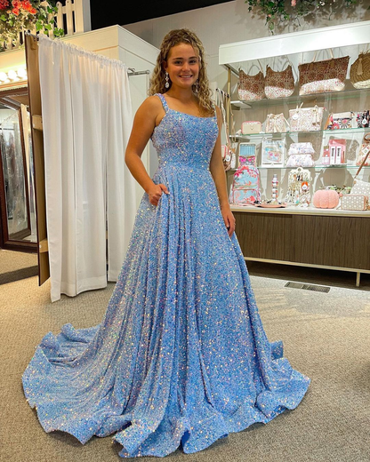 Cute Ball Gown Light Blue Velvet Sequins Prom Dressesnv566