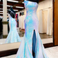 Shiny One-Shoulder Backless Mermaid Long Formal Dress with Slit nv468