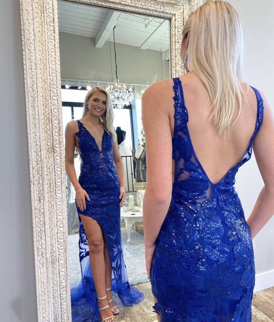 Sexy royal blue applique prom dresses v-back long evening formal gown nv579