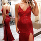 Red Sequin Spaghetti Straps Mermaid Long Formal Dress with Slit nv230