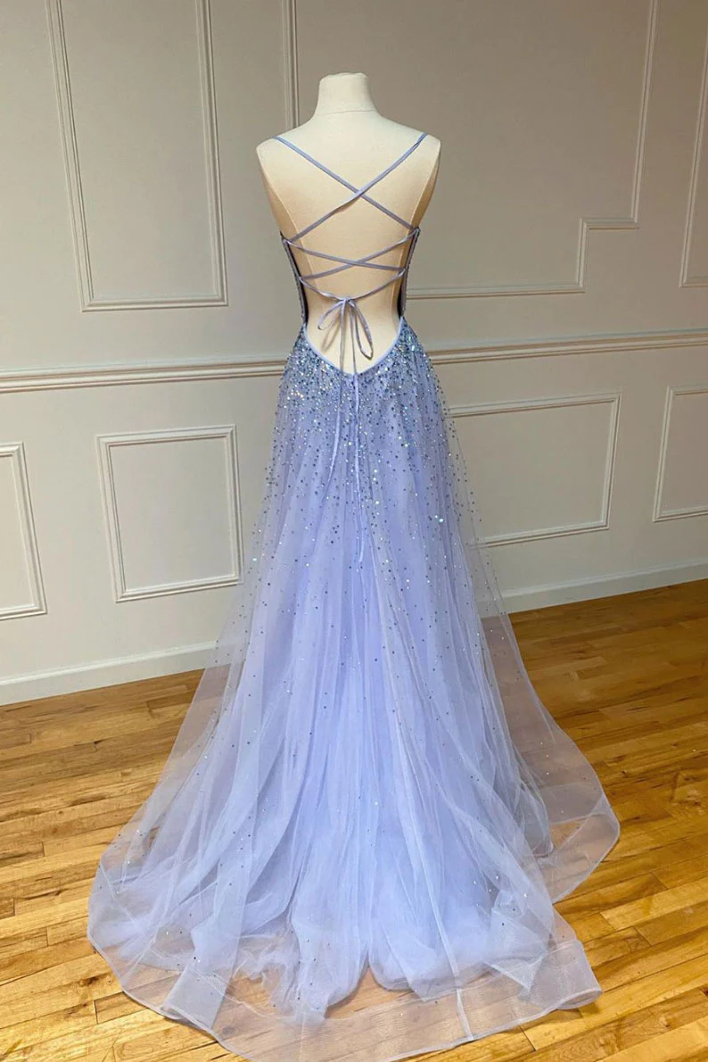 Purple tulle sequin long prom dress sequin evening dress nv819