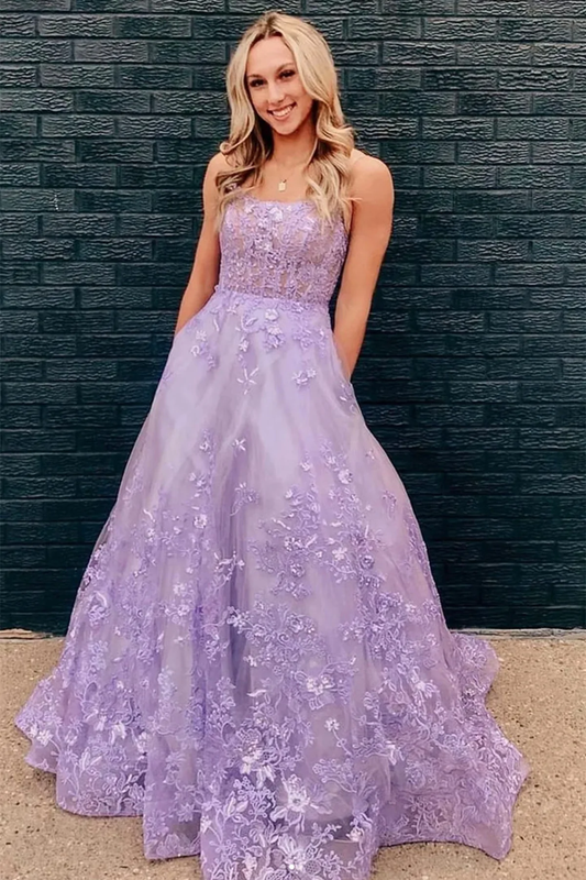Open Back Purple Lace Floral Long Prom Dresses, Purple Lace Formal Evening Dresses nv563