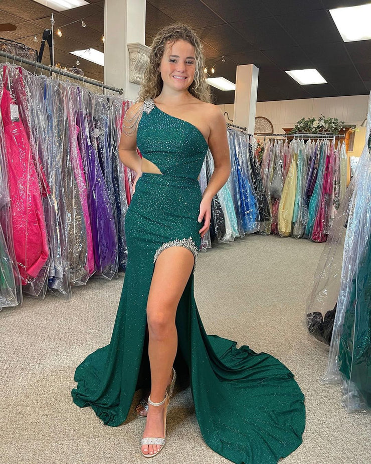 Gorgeous Mermaid One Shoulder Dark Green Prom Dresses with Beadingnv824