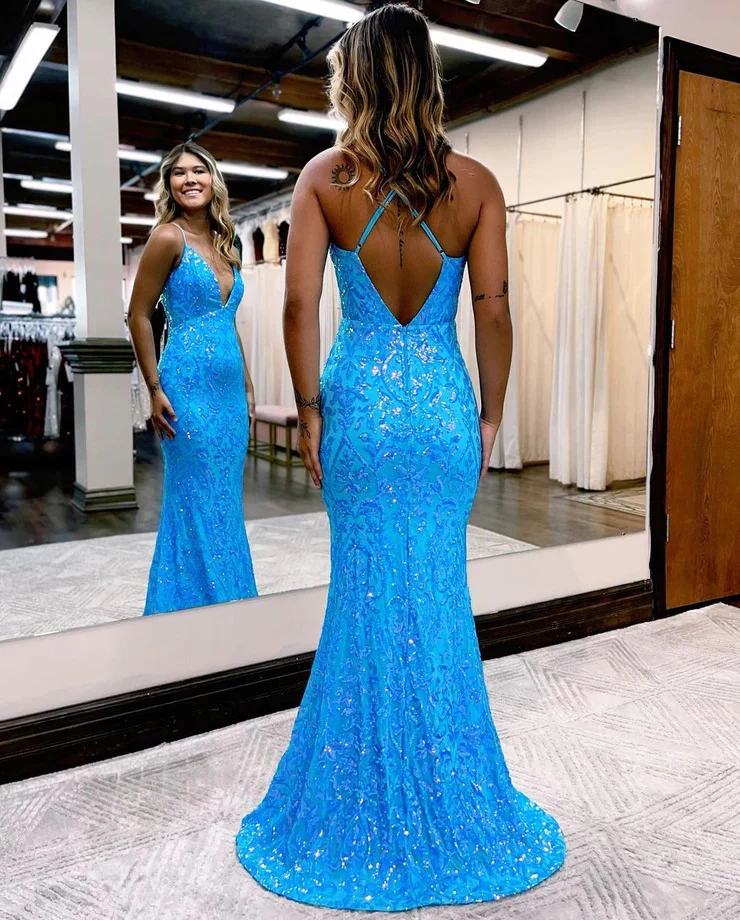 Sparkly Mermaid V Neck Blue Sequins Prom Dresses nv953