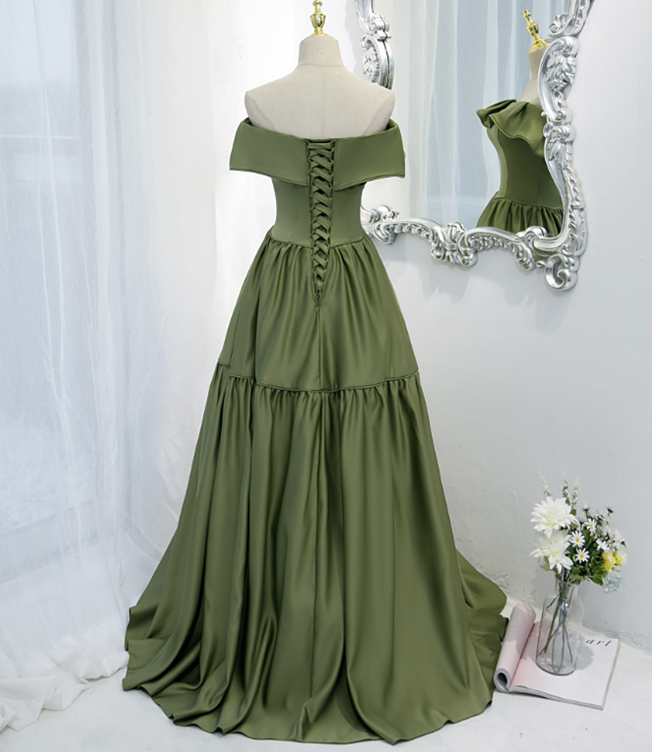 Green satin long A line prom dress green evening dress nv544