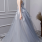 Gray tulle lace long prom dress, gray tulle lace evening dress nv436