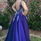 Ombre Purple Floral Lace Backless Long Prom Dress nv564