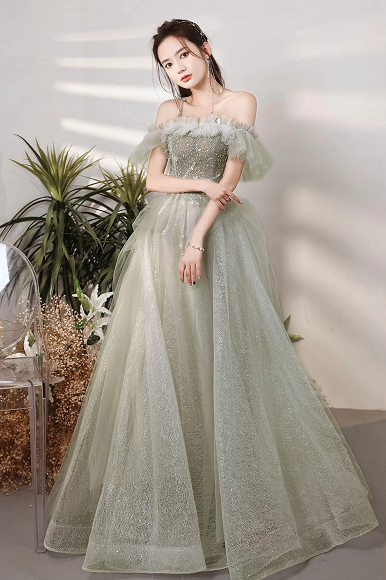 Green Tulle Beaded Long Prom Dress, A-Line Formal Evening Dress nv452 NiceVestidos Green Tulle Beaded Long Prom Dress, A-Line Formal Evening Dress nv452 NiceVestidos