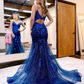 Cute Mermaid V Neck Sparkly Tulle Prom Dresses with Appliques nv568