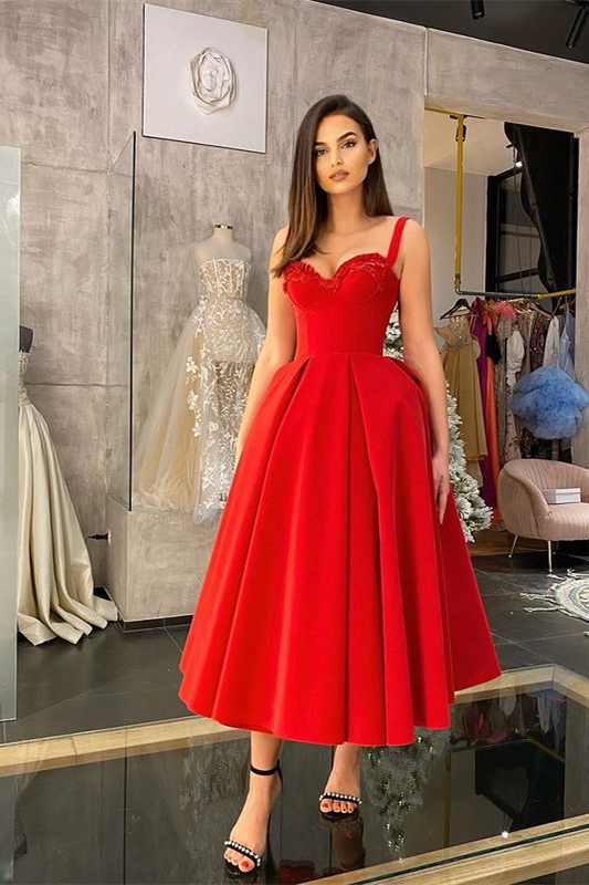Red Prom Dress Tea-Length Sweetheart With Sequins Straps nv570
