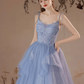 Blue V-Neck Tulle Lace Long Prom Dress, Lovely Spaghetti Straps Evening Dress nv429