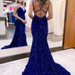 Blue Iridescent V-Neck Cross-Back Mermaid Long Prom Dress nv567