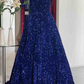 Straps Grape Square Neck Sequins Prom Dress with Pockets nv262