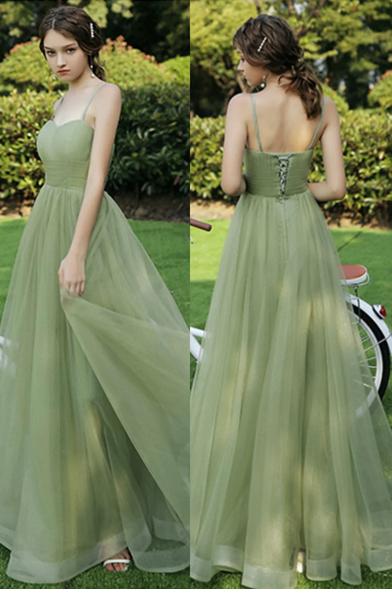 Green Tulle Long Prom Dresses, A-Line Evening Dresses nv553