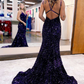 Blue Iridescent V-Neck Cross-Back Mermaid Long Prom Dress nv567