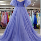 Off-Shoulder Puff Sleeves Pleated Long Prom Dress nv1026
