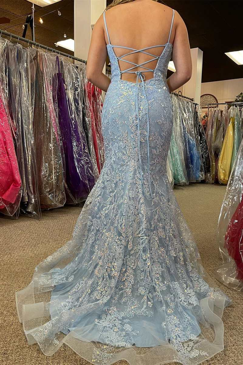 Light Blue Appliques Lace-Up Back Mermaid Long Prom Dress nv1013
