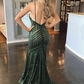 Mermaid Sequin Dark Green Long Prom Dress with Open Bac nv825