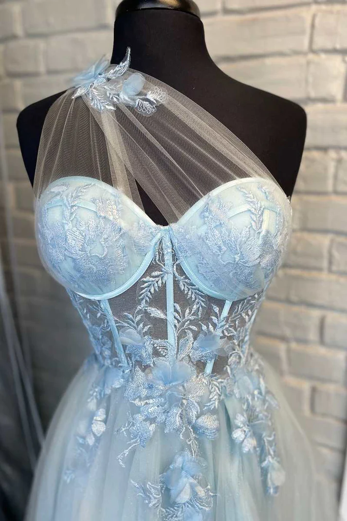 Fairy-Tale Light Blue Sweetheart A-Line Prom Dress with 3D Floral Lace nv818