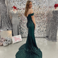 Cute Mermaid Off the Shoulder Dark Green Sequins Prom Dresses with Slit nv823