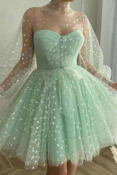 A-Linie Tüll Lange Ärmel Mintgrün Ballkleid Homecoming Kleid Sweet 16 Kleider nv14